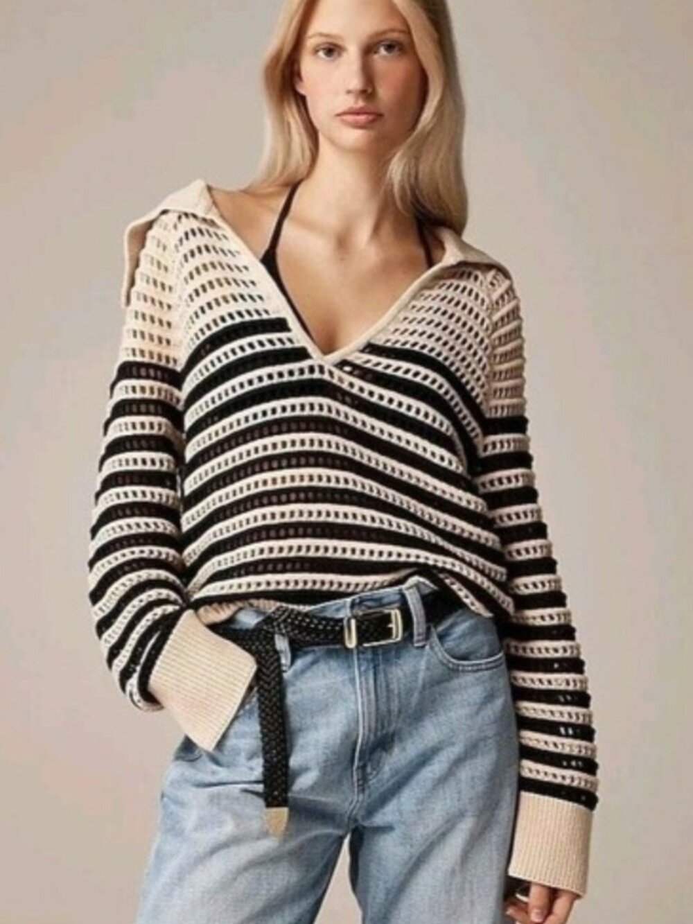 J. Crew Crochet Sailor-Collar Sweater in Stripe Beige/Black size xs